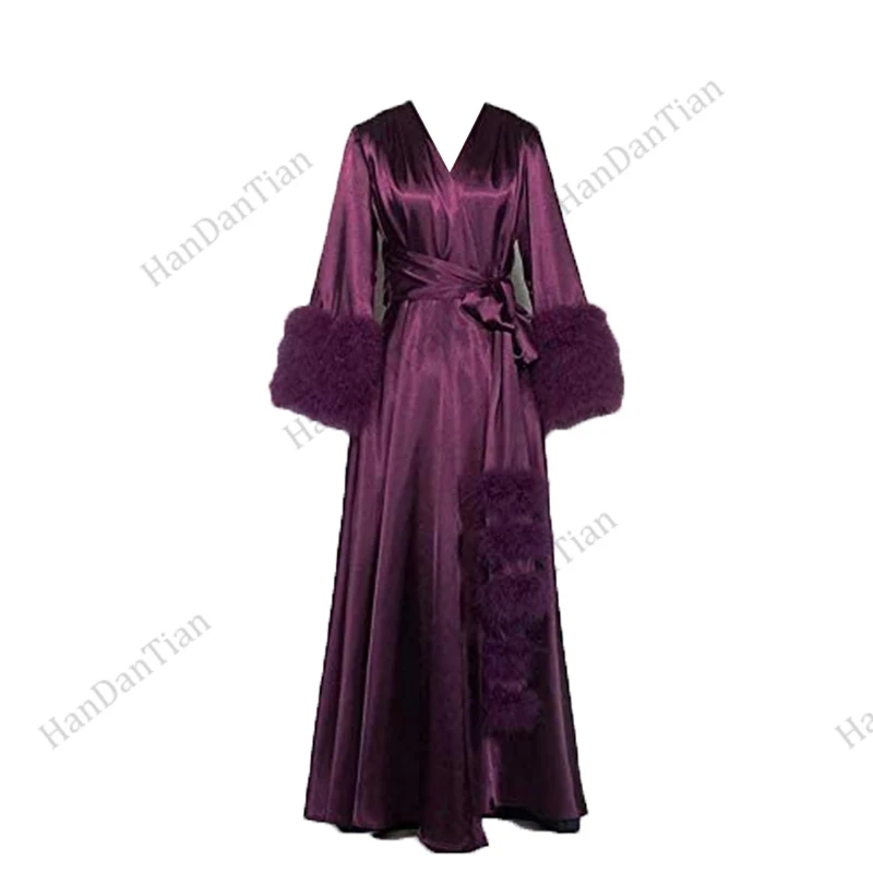 Women's Satin Robe Fur Nightgown Bathrobe Sleepwear Feather Bridal Robe with Belt images - 6