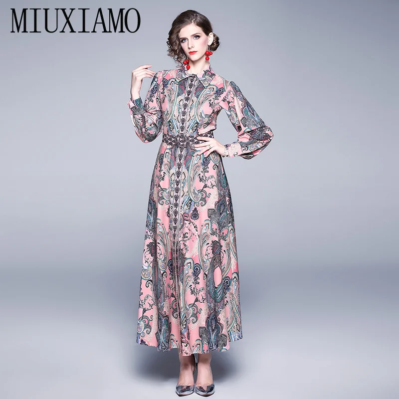 

MIUXIMAO 2020 Fashion Turn Down Collar Maxi Dress Women's Long Sleeve Flower Art Printed Designer Long Dress Women With Belt