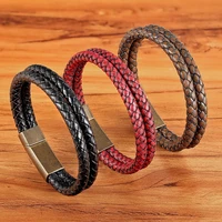 tyo new trendy stainless steel mens leather bracelet vintage magnetic clasp double layer design hand woven bangle jewelry gift