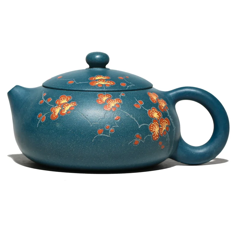 

Yixing Zisha teapot raw ore Republic of China Green Flat Xishi teapot plum blossom teapot clay painted by hand dark fragrance