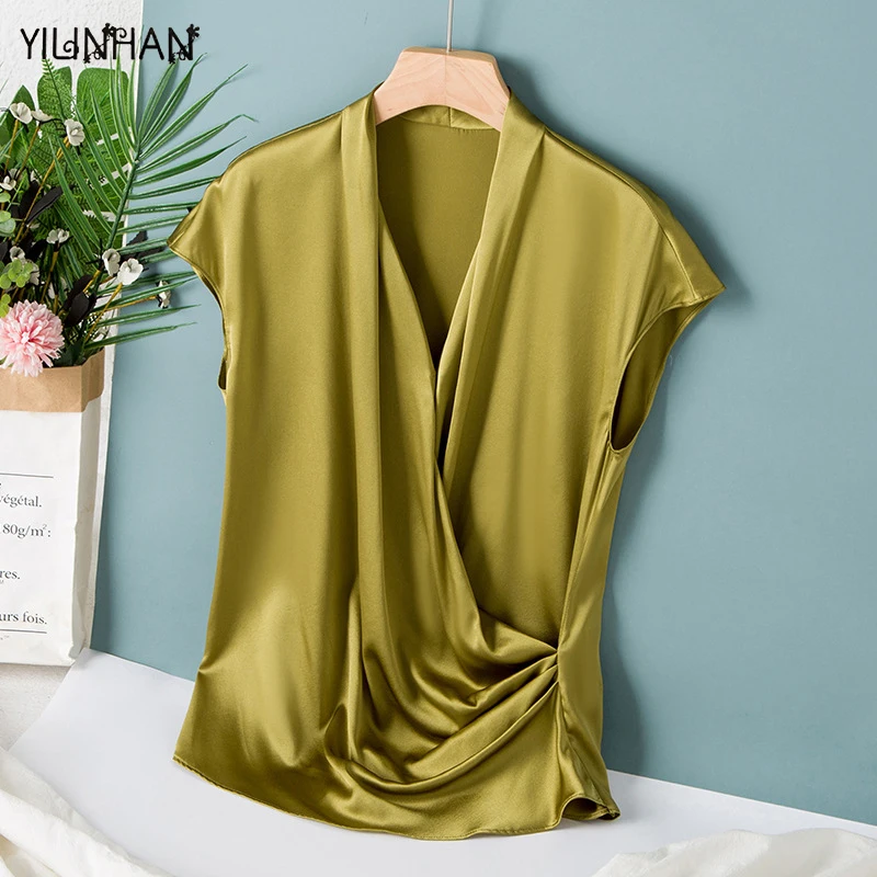 YILINHAN 2022 Summer New Silk Tops For Women  V-Neck Temperament Short Sleeve Slim Elegant Party 100% Natural Silk Shirts