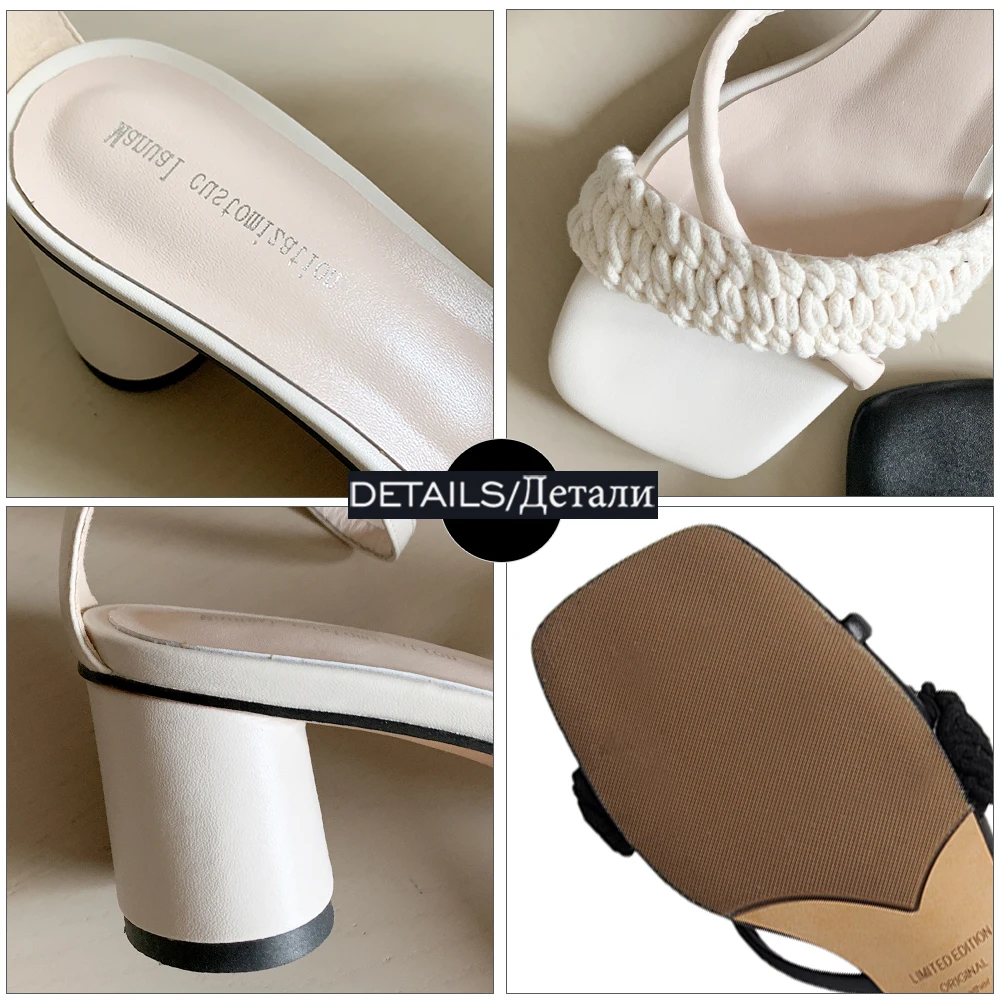 

ISNOM Fashion Women Sandals Leather Ankle Strap Thick Med Heels Summer Shoes Woman Dress Open Toe Ladies Sandals