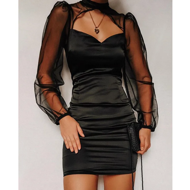 

Sexy Mesh Bodycon Mini Dress WomenBlack Hollow Out Long Sleeve Bodycon Mini Dress Women High Waist Sheath Vestidos