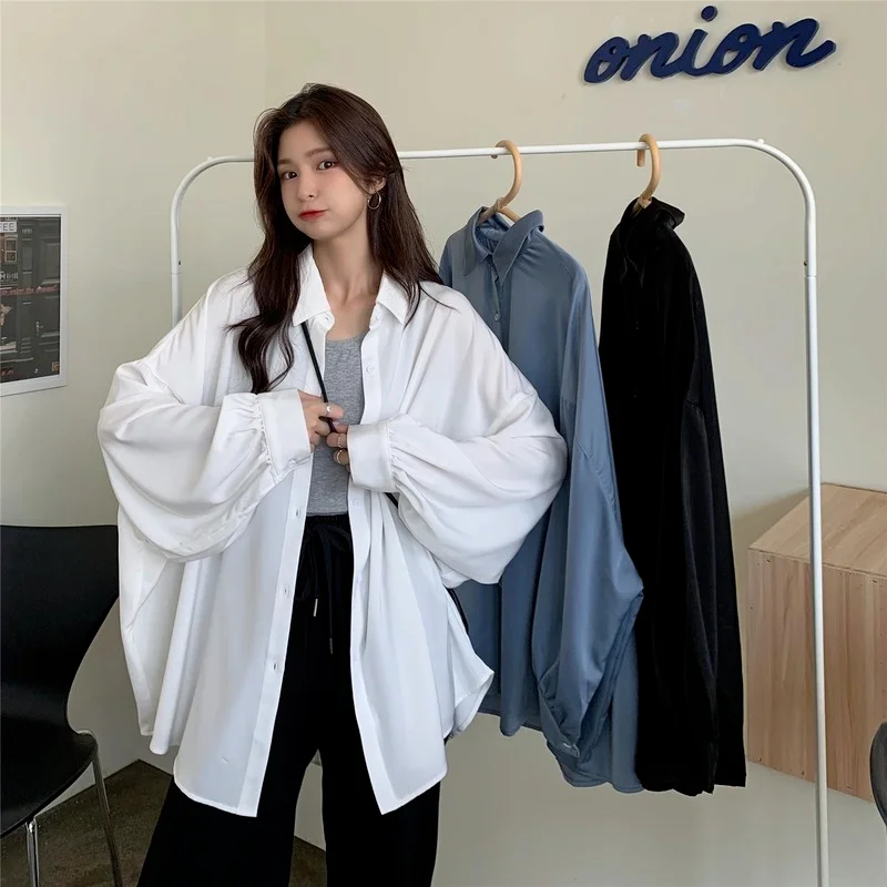 

Spring Summer 2021 Women Shirt Oversize Elegant Blouses for Women Lantern Sleeve White Shirt Mid-length Shir Coat Women Tunic