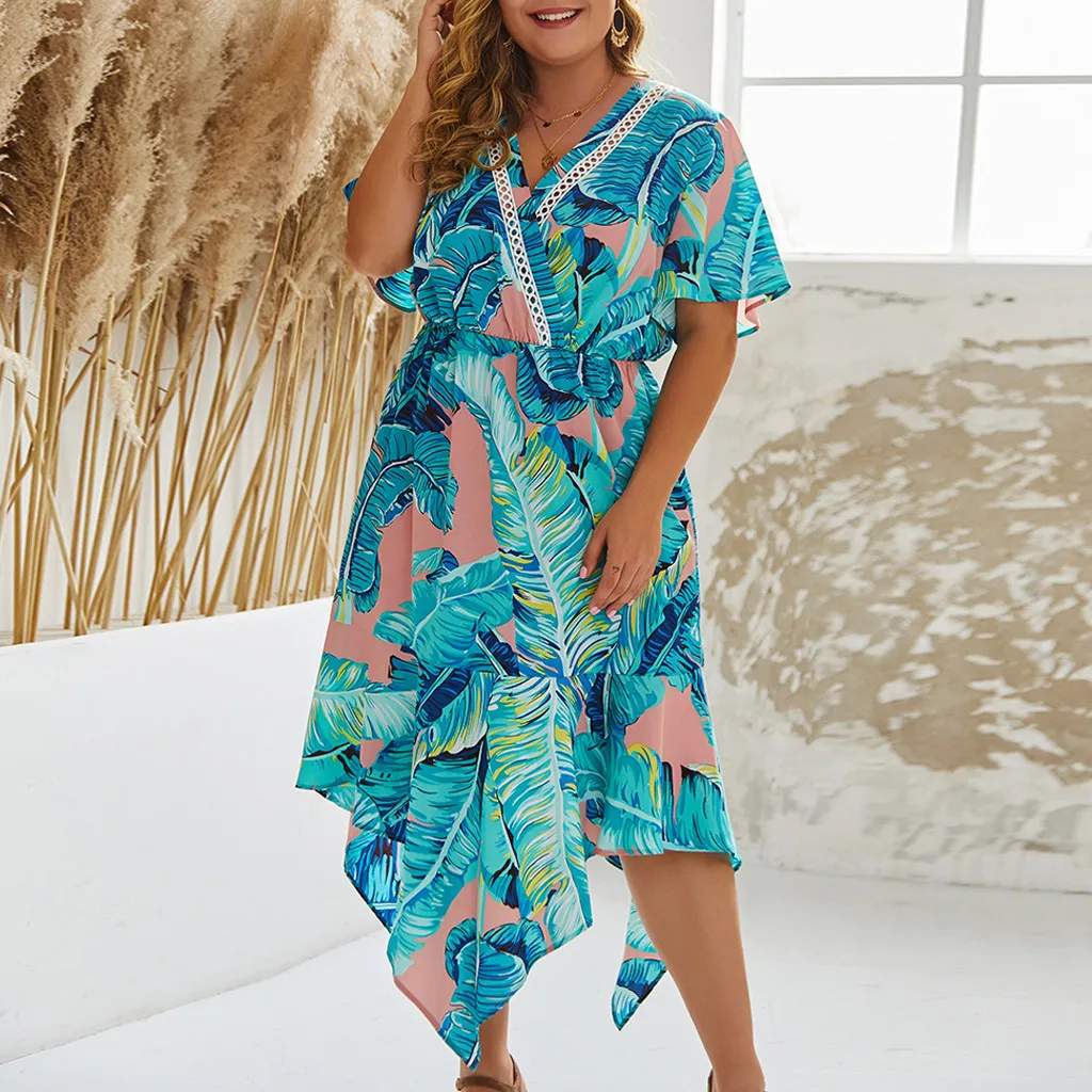 Женское платье с тропическим принтом V-образным вырезом и коротким рукавом |