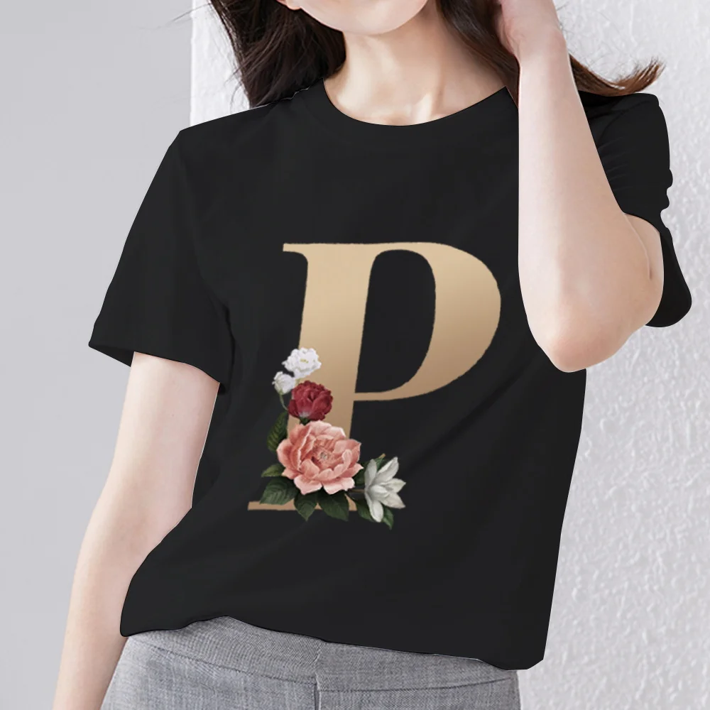 

Футболка женская с буквенным принтом, повседневный базовый Мягкий Топ черного цвета с круглым вырезом, с коротким рукавом, с надписью «First P»