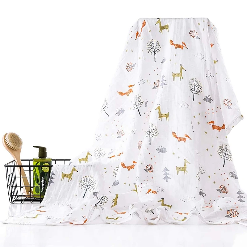 

4 Pack Baby Muslin Swaddle Blankets, Soft Unisex Swaddle Wrap for Boys and Girls, Foxes/Elk/Elephants 43 x 47 Inches