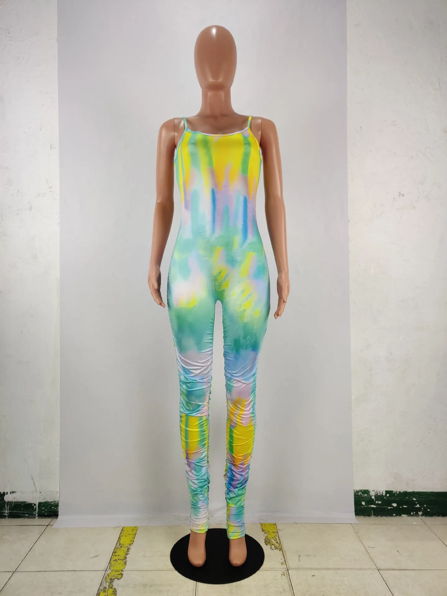 

HAOOHU Sexy Tie Dye Stacked Pants Leggings Jumpsuit Summer Body Clothes One Piece Club Outfits Bodycon Rompers Womens Jumpsuit