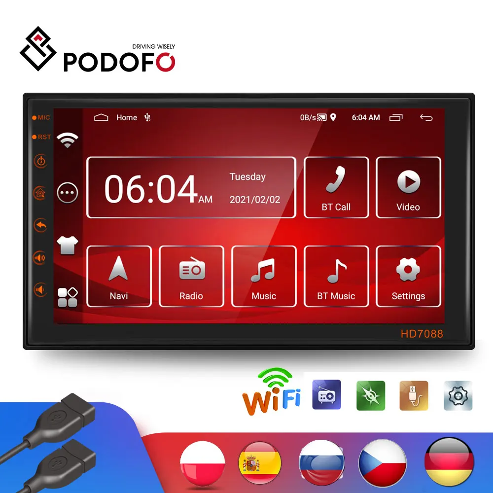 Автомагнитола Podofo универсальная мультимедийная стерео-система на Android 2 Гб ОЗУ 16