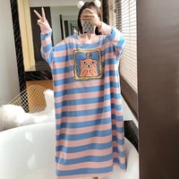5xl fat mm nightdrress women robe stripe nightgown cartoon sleepshirts long sleeved nightie nightdress sleepwear