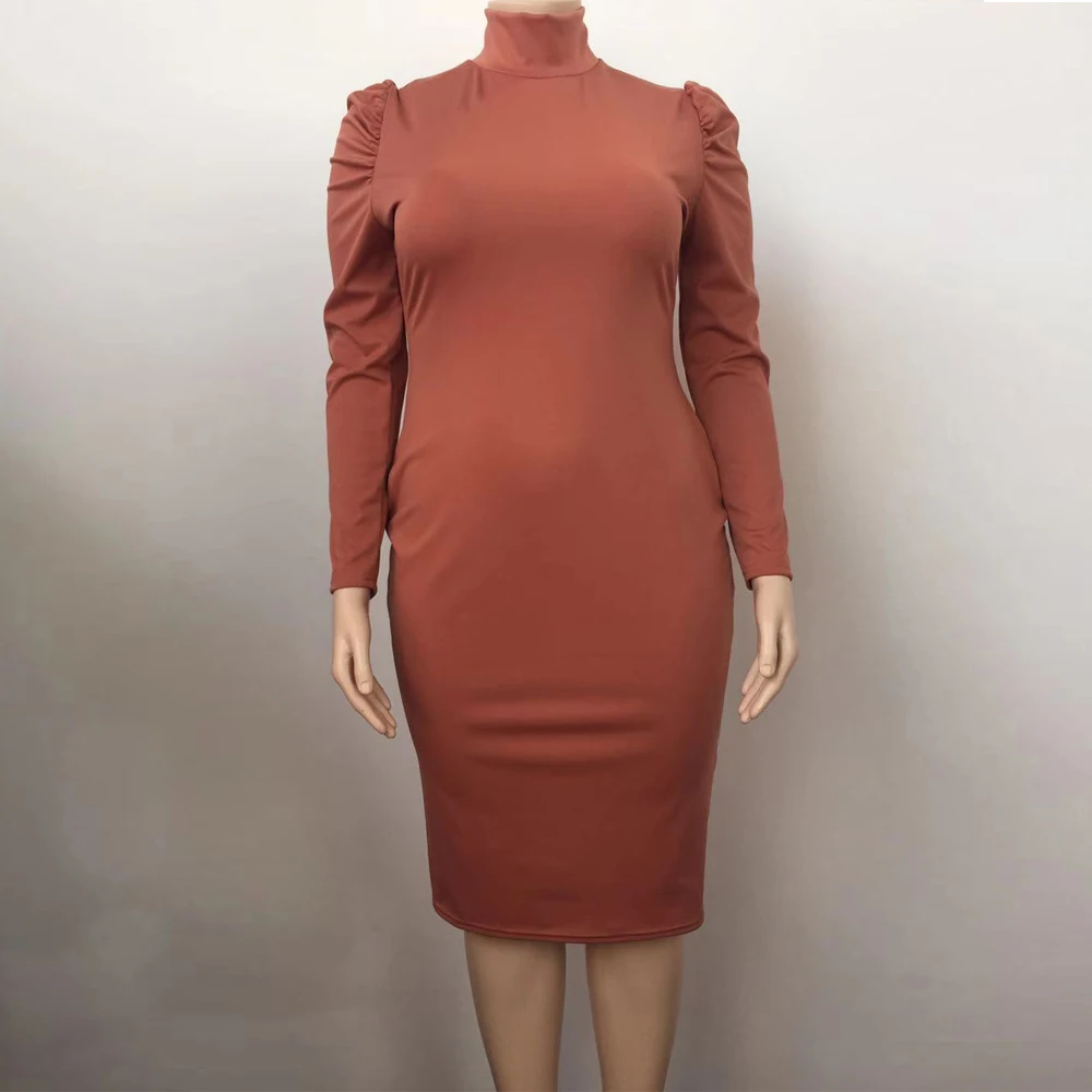 

XL-5XL Plus Size High Waist Elegant Wrap Dress Women Turtleneck Long Puff Sleeve Skinny Dress Vintage Solid Knee Length Vestidos