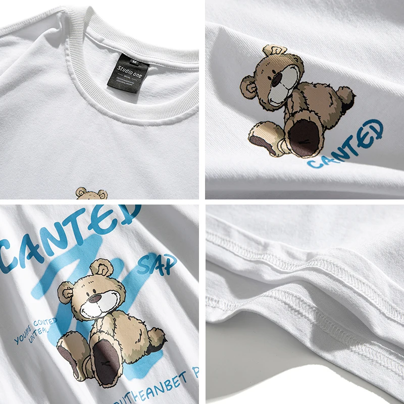 

2021 New Summer Bear Cartoon Oversize Loose Men's T-Shirt Women's Short Sleeve Tees Boyfriend Style Hip Hop Unisex University