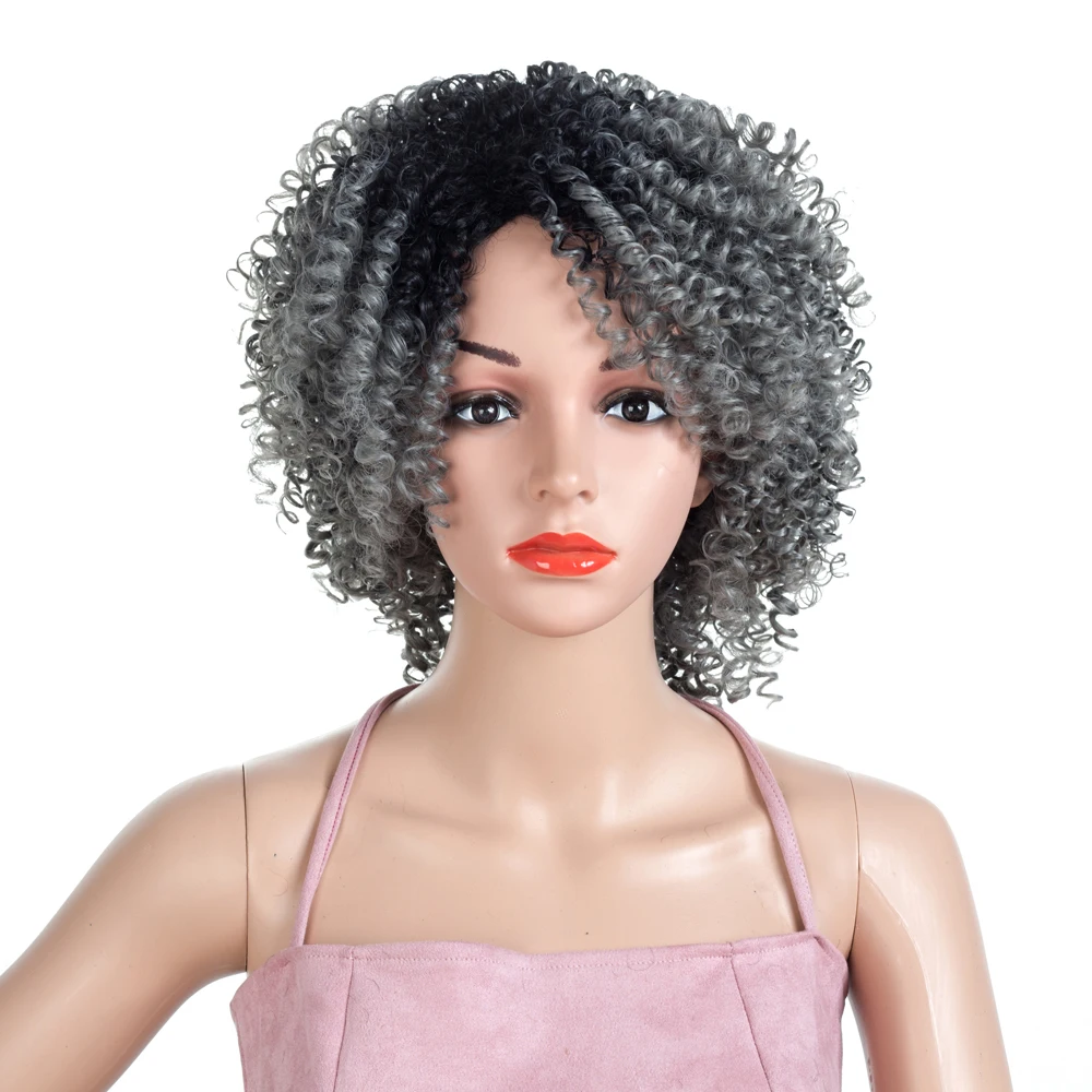 

Short Hair Afro Kinky Curly Wigs With Bangs For Black Women African Synthetic Ombre Glueless Cosplay Wigs High Temperature