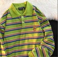 2021 punk style avocado green striped polo shirt sweatshirt women clothes for teens oversized harajuku fashion long sleeve tops