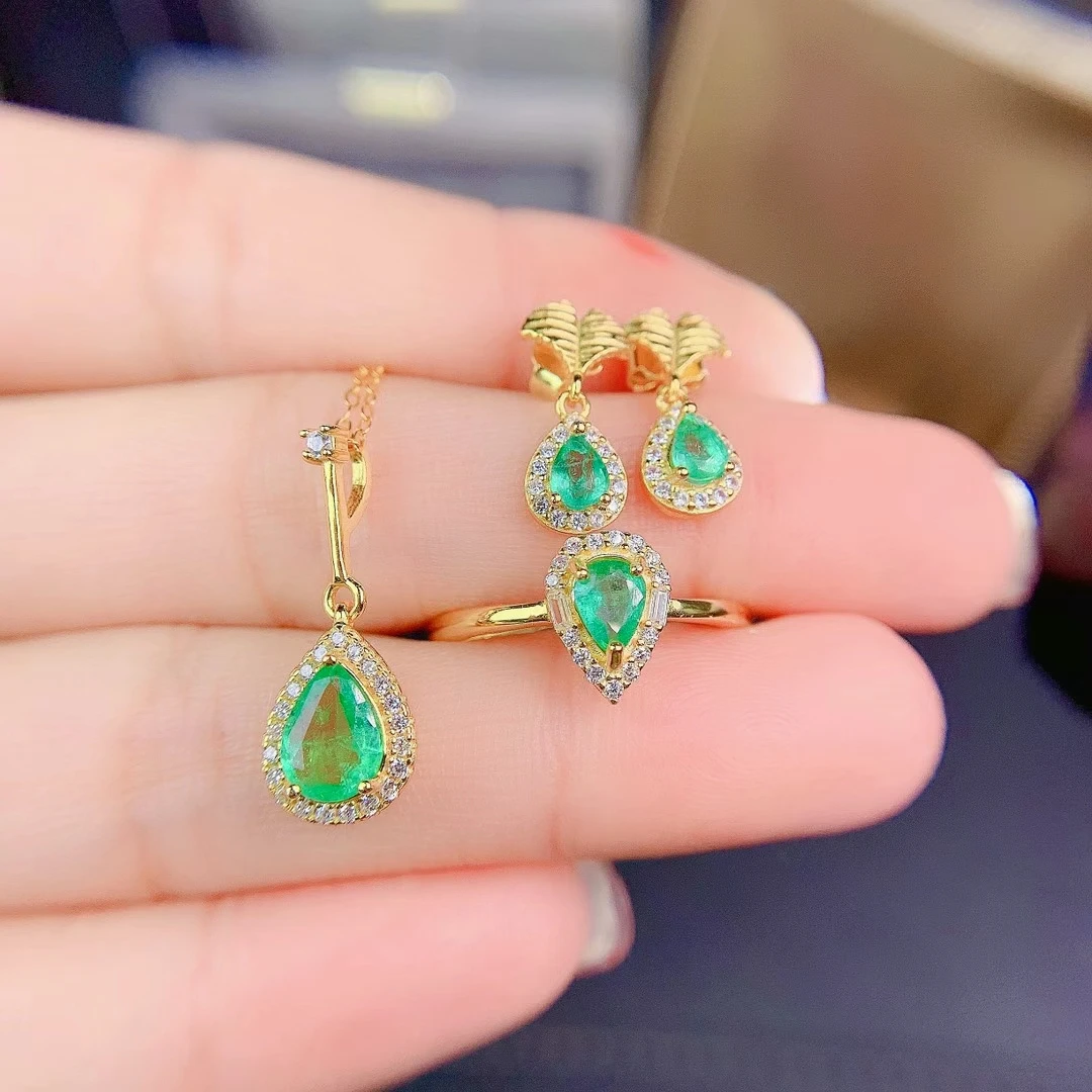 

MeiBaPJ New Style Natural Emerald Jewelry Set 925 Sterling Silver Necklace Earrings Ring 3-Pieces Suit Fine Jewelry for Women