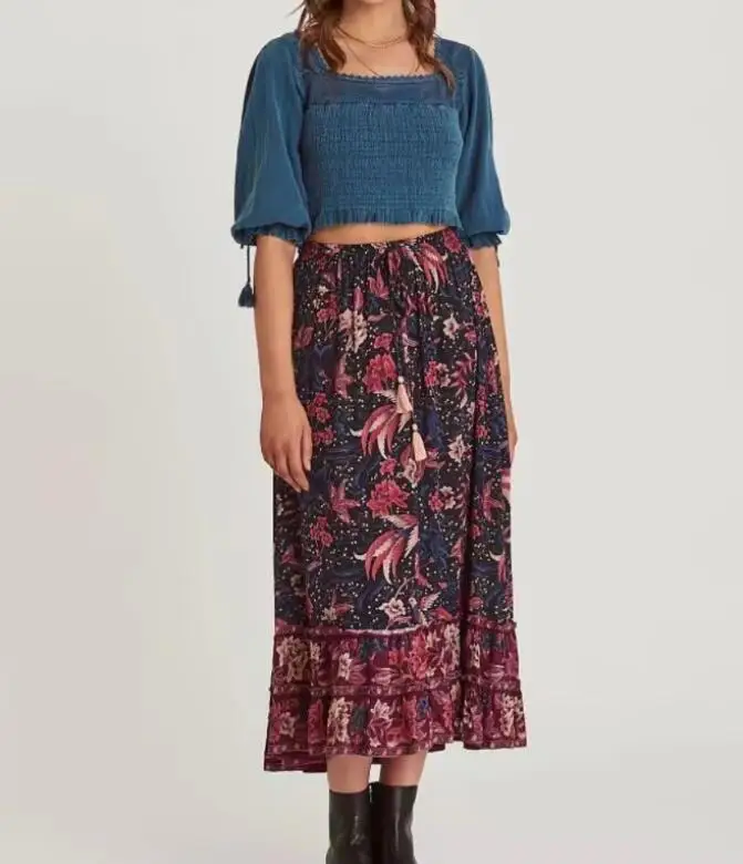 Женская длинная юбка с оборками винтажная макси на завязках кисточками и