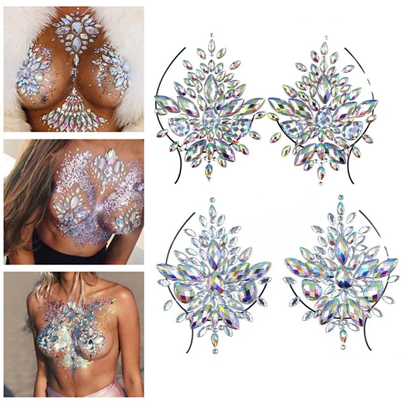 

Acrylic Colorful Crystal Breast Chest Paste Sexy Breast Self Adhesive Stickers Breathable Nipple Bra Breast Stickers