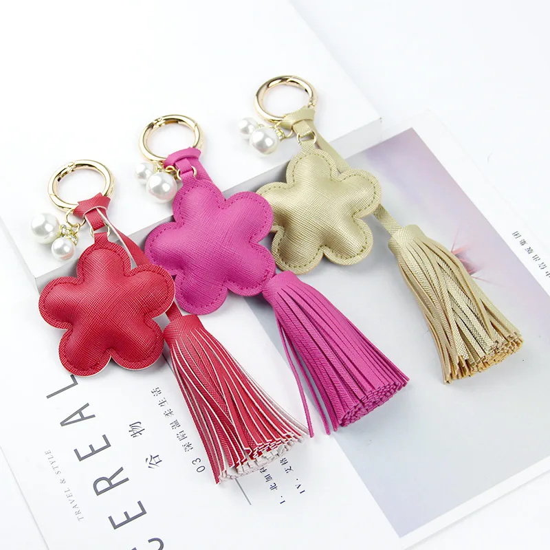 

Creative PU leather tassel key ring cute bag pendant leather Pearl five-pointed star car key chains fashion charm keychain Gift