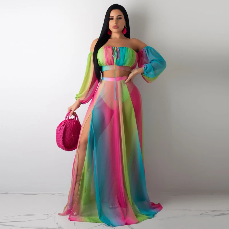 Boho Сексуальный комплект из двух предметов с открытыми плечами, укороченный топ с длинным рукавом+ юбка макси с разрезом, комплекты с трусиками, женские костюмы с радужным принтом