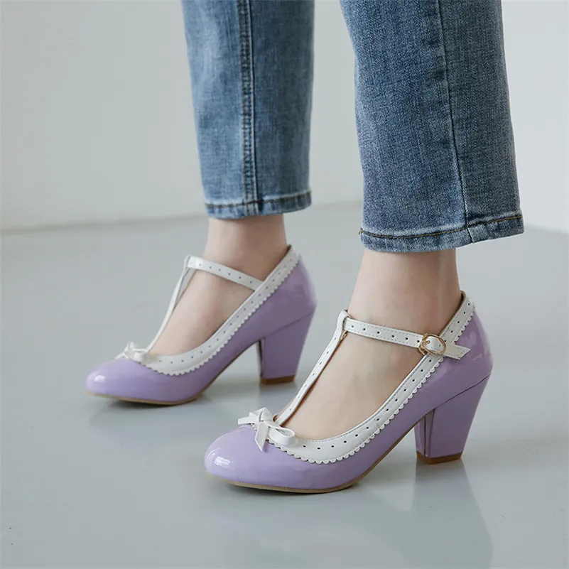 

ANNYMOLI High Heels Women Pumps Patent Leather Thick High Heel T-Strap Shoes Bow Buckle Round Toe Party Shoes Ladies Red Size 46