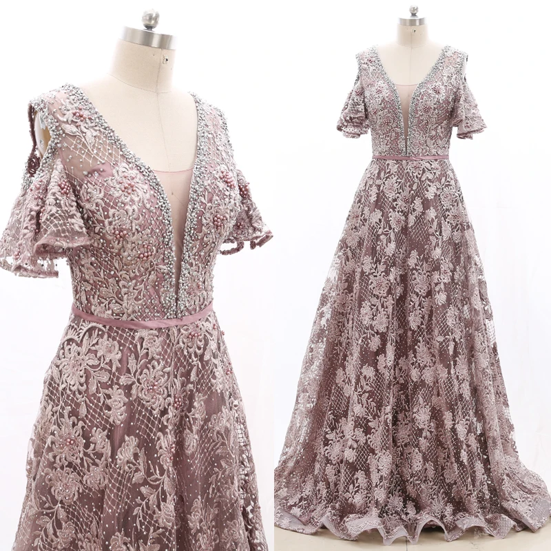 Stock Clean Elegant Lace Beads Prom Dress Long No Custom Made Amazing Party Gown 210224-019