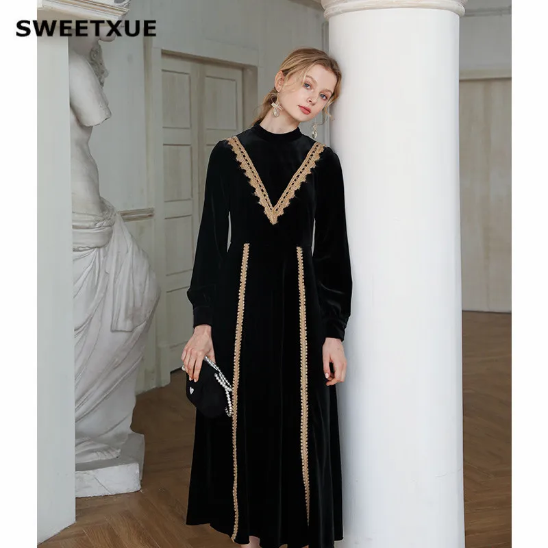 SWEETXUE винтажное бархатное черное платье с длинными рукавами французское