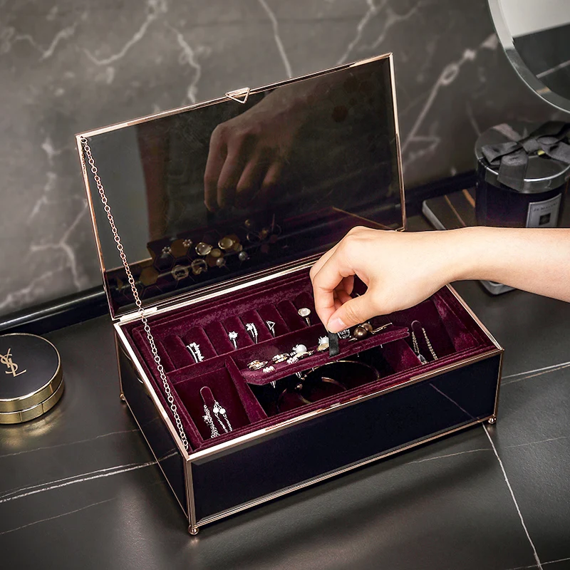Casegrace Luxury Golden Jewelry Storage Box Desktop Glass Necklace Ring Earring Cosmetic Makeup Jewellery Case Organizer Casket