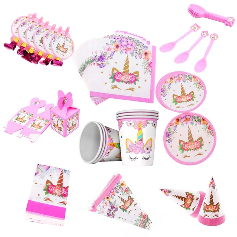 Столовые приборы мультфильм Розовый Единорог шаблон одноразовая посуда чашка