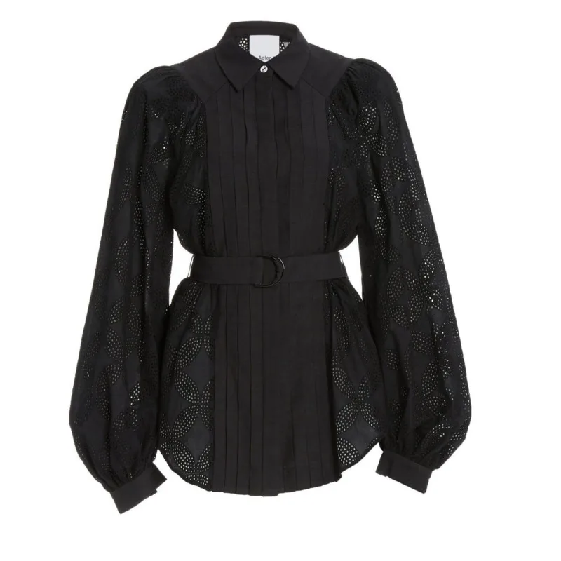 

[DEAT] lapel solid pleated embroidery splicing bandage waist cotton shirt high waist linen shorts suit women 2021 summer GX566