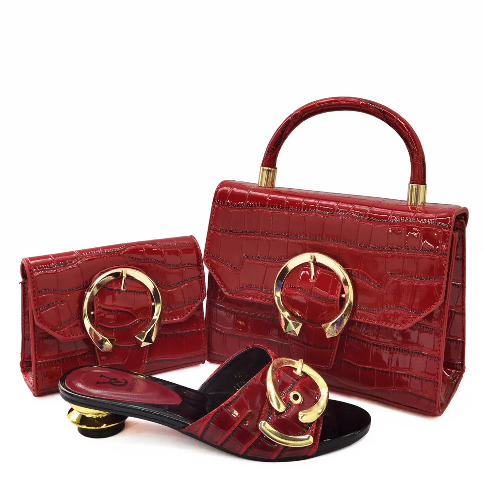

Red Color African Shoes And Bag Matching Set With Stones Shoes Women Italian design Shoes And Bag Set For Party Wedding