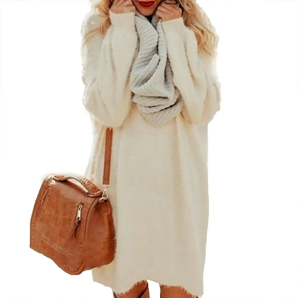 

2021 Autumn Winter V-Neck Long Sleeve Thick Sweater Dress Puffy Dress Women Loose Midi Dress Female Chic Knitted Straight Dress