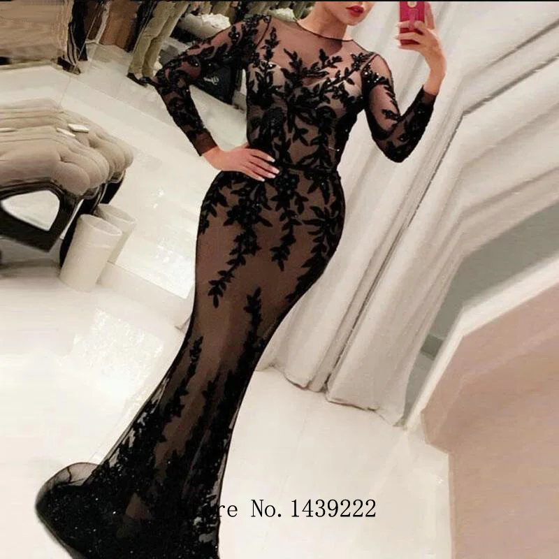 

Black Mermaid Sleeves Evening Dresses Prom Lace Appliques Arabic Vestidos De Fiesta De Noche Robe De Soiree Plus Size