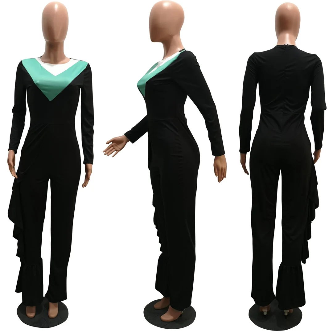 

Colorblock wavy edge wholesale best top fashion sexy one piece ladies round neck long sleeve upper body jumpsuit