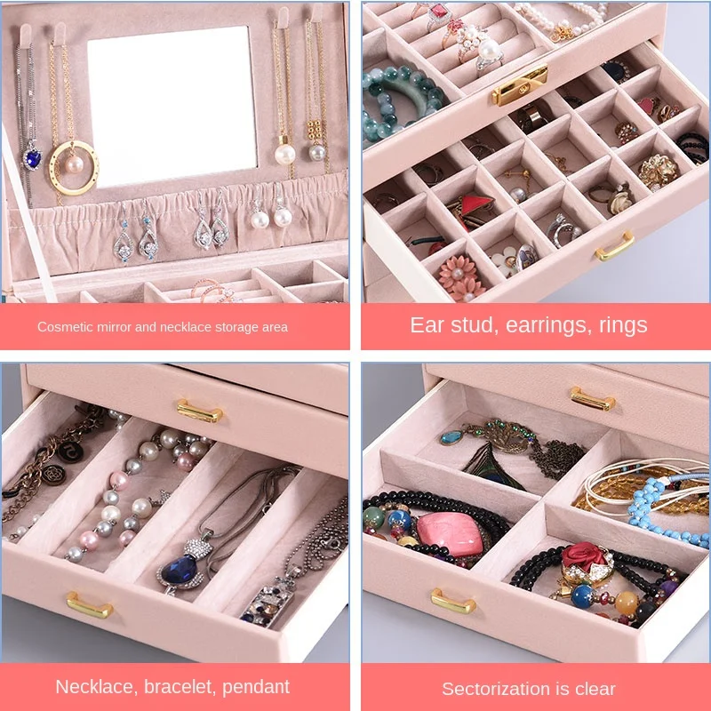 

Multi-layer Large-capacity Jewelry Box Household Ring Earrings Jewelry Storage Box Texture Leather Material Security Lock Design