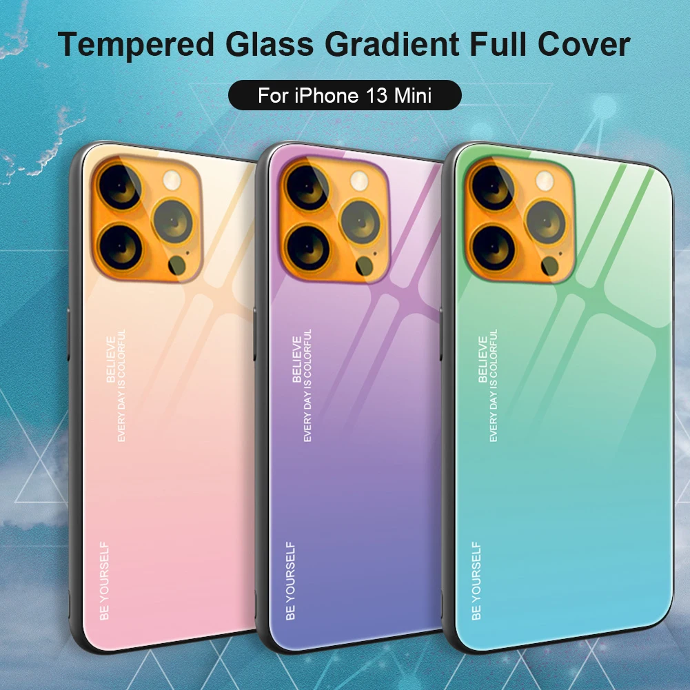 

Transparent Case on For iPhone 13 pro max Tempered Glass Gradient Full Cover for iPhone 13 Mini Mobile Phone Protect Shell