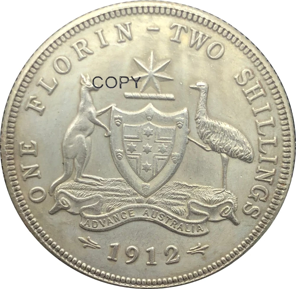 Австралия 1912 1 One Florin Two Shillings Джордж V Advance коронованный бюст левая медная Посеребренная Имитация монеты