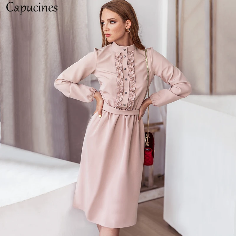 Capucines Абрикос розовое марочный Воротник стойка С оборками Платье женское