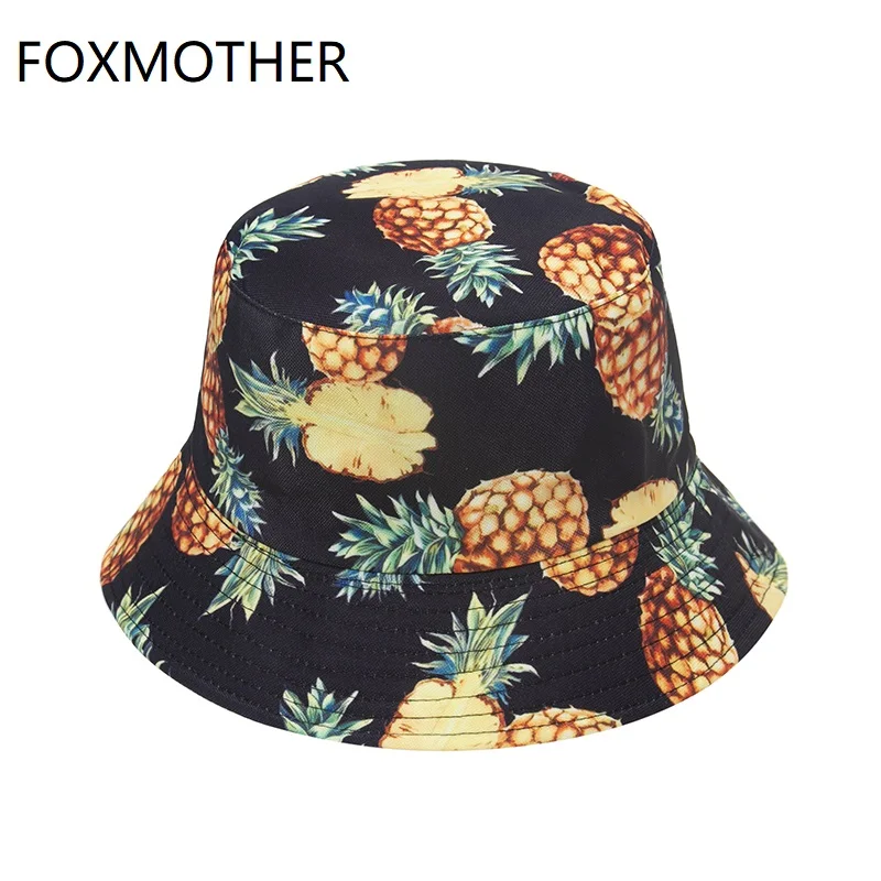 

FOXMOTHER New Fashion Outdoor Beach Yellow Pink Black Pineapple Fishing Hat Sun Caps Mens Women Bucket Hats Ladies