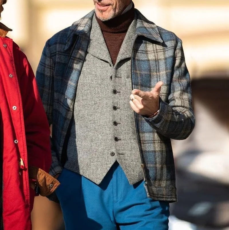 

Fashion Men's Coat Autumn 2021 New Plaid Geometric Pattern Lapel Zip Coat Men Long Sleeve Jackets Mens Clothing Trends