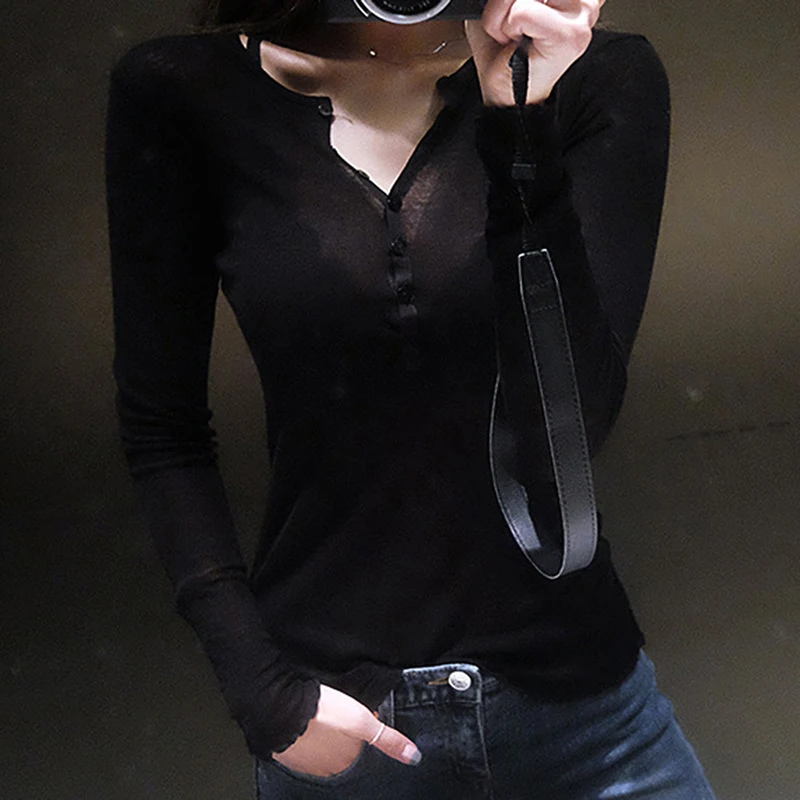 Женская футболка с длинным рукавом Сексуальная Повседневная пуговицами 2020