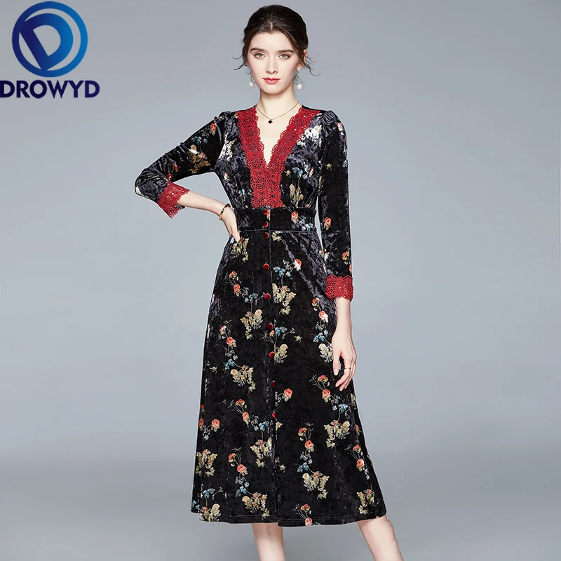 

2021 Women Summer Vintage Velvet Dress Festa High Quality Elegant V-Neck Party Robe Femme Floral Print Dresses Designer Vestidos