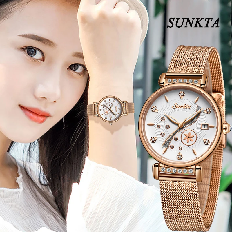 Montre Femme SUNKTA класса люкс Для женщин часы нержавеющая сталь пояс сетки женские