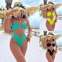 women sexy 2pcs bikini set u shaped metal wire push up swimsuit strapless bandeau tube top and thong solid color bathing suit