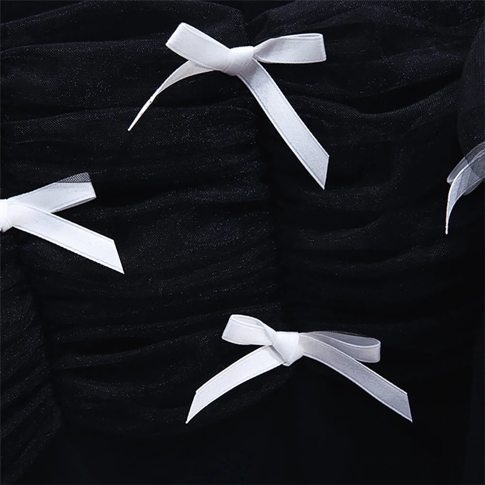 

Fashion Patchwork Mesh Bow Short Sleeve Cotton T Shirts Women Korean Style O-Neck Straight Baggy Loose White Black Womens Tops