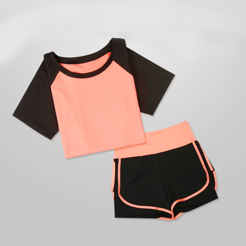 Orange-shorts Спортивная одежда для йоги, фитнеса, одежда для фитнеса, женская обувь для бега, рубашка+ штаны, колготки для йоги, спортивный комплект для бега - Цвет: Orange-shorts
