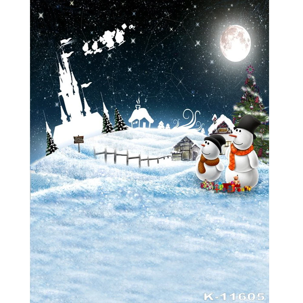 Фон для фотосъемки Рождественская елка замок Снеговик падающие снежинки природа