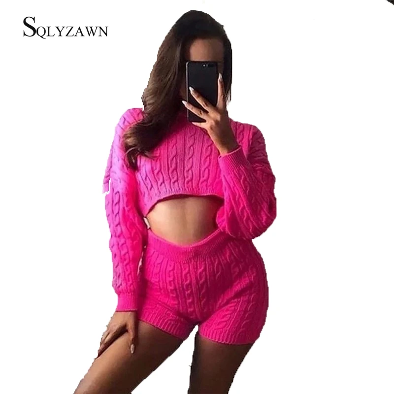 

Women's Knitted Two Piece Outfits Autumn Long Sleeve Crop Top and Shorts Female Fall Sexy Streetwear Club Sweater Sets Costume