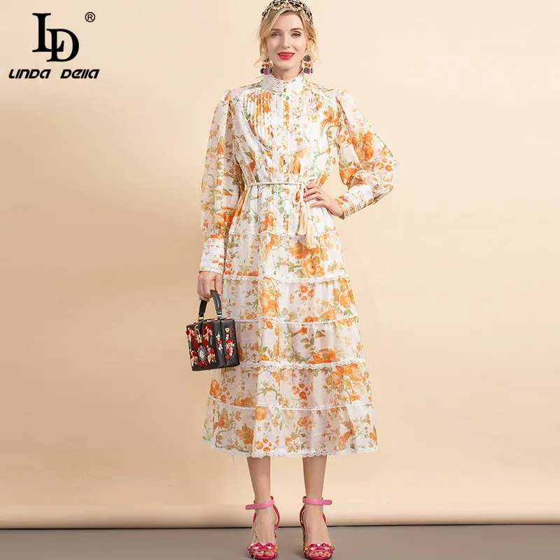 

Женское кружевное платье LD LINDA DELLA, длинное дизайнерское праздвечерние чное платье для отпуска, с рукавами-фонариками и цветочным принтом, о...