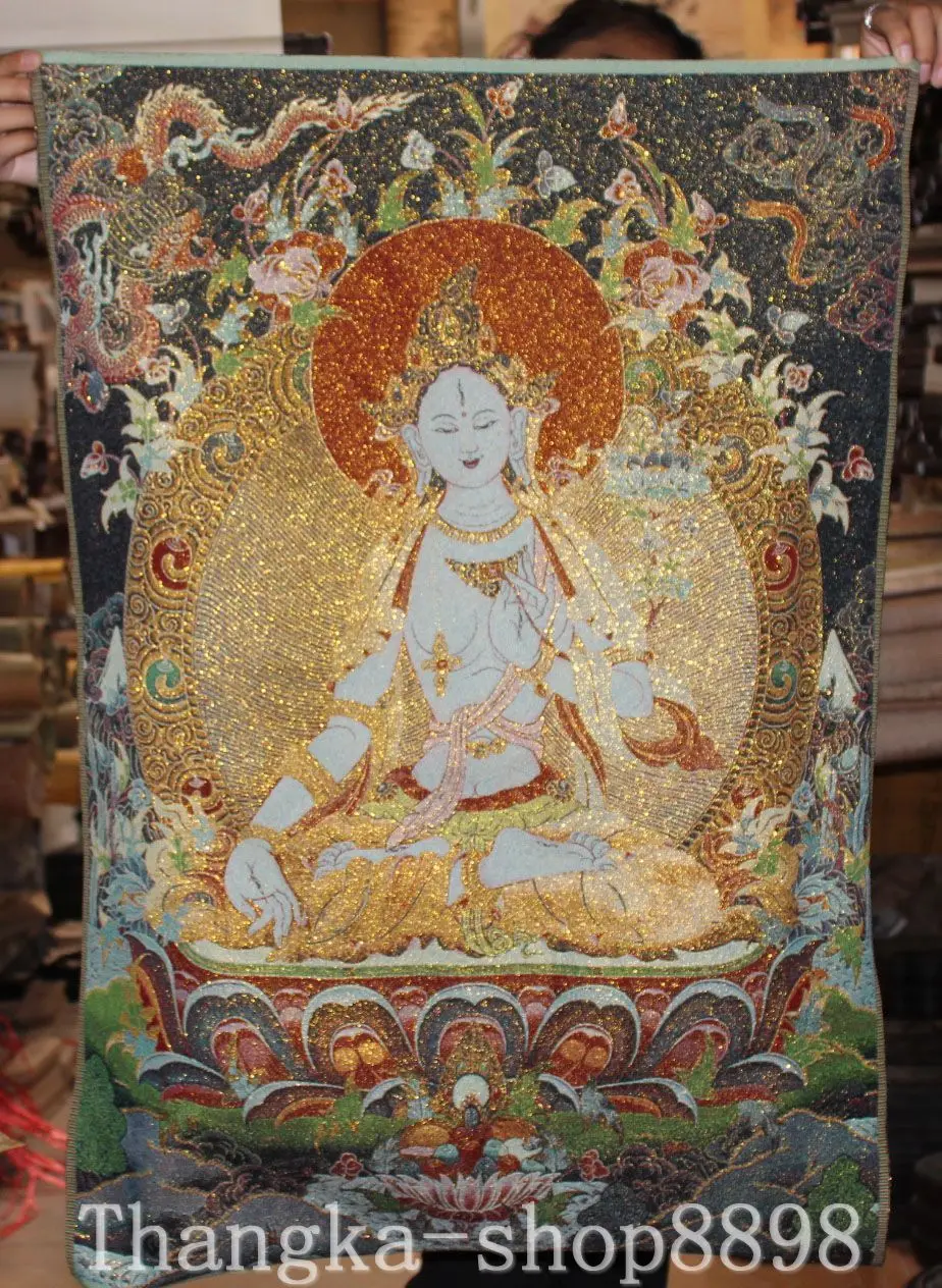 

Tela de budismo Tibet seda 7 ojos blanco Buda Tara Thangka hanka colgante de pared