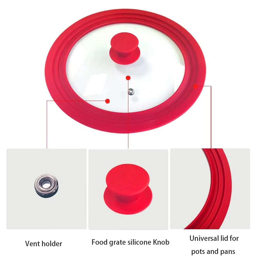 

Universal Pan Lid Tempered Glass Silicone Rim 9.5inch 10inch 11inch for Pot Saucepan Steam Vent Dishwasher Safe Red